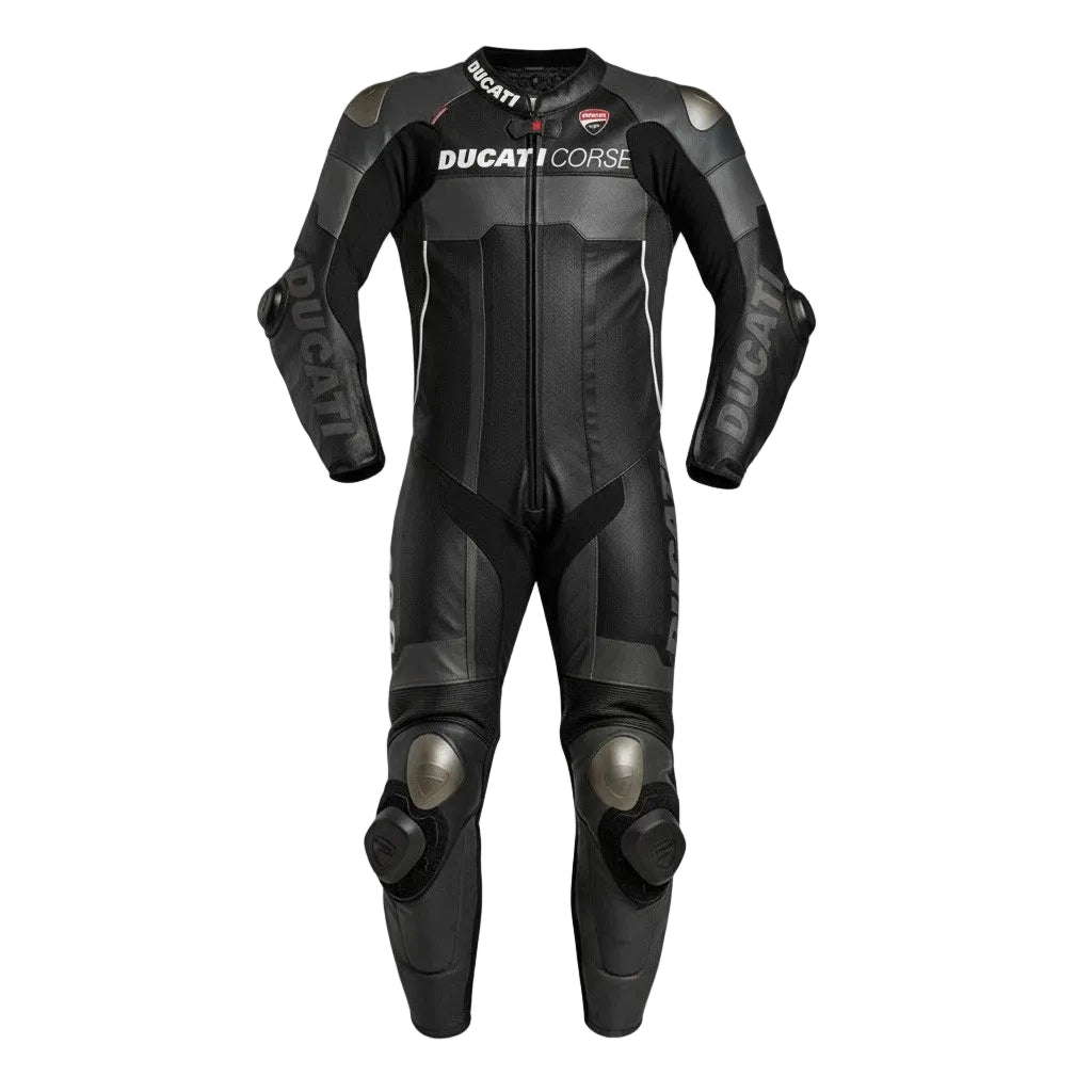 Ducati Corse professional one-piece leather racing suit in black and grey with perforated panels.